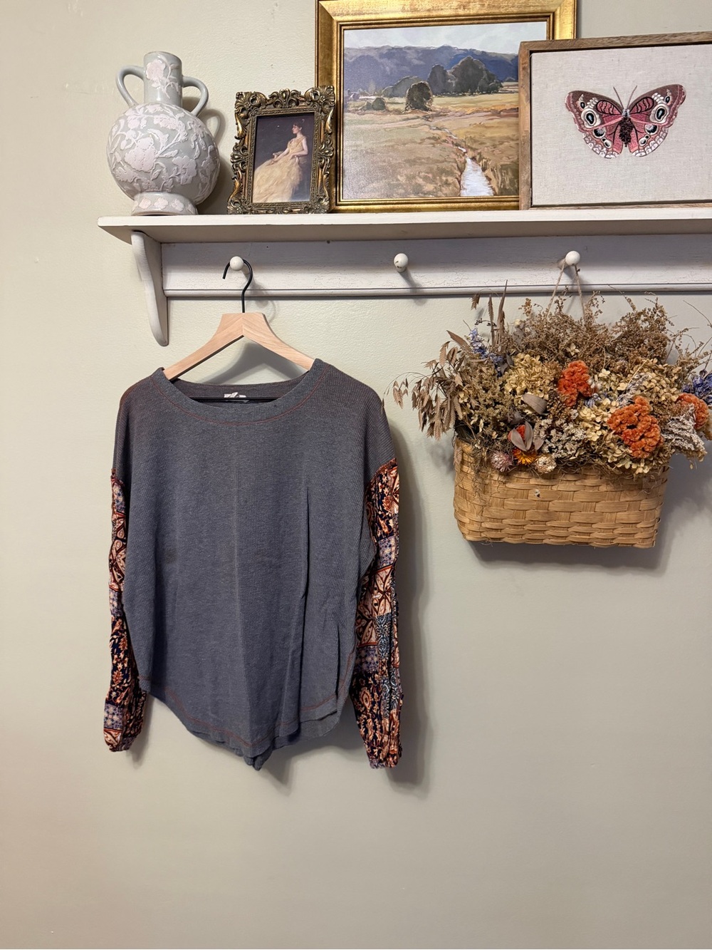 Free People Gray Pullover with Printed Boho Sleeves